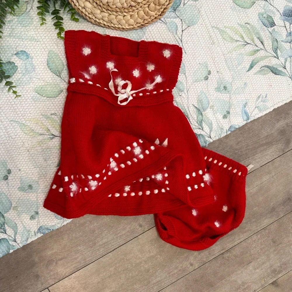 Red Knitted Baby Dress with White Accents